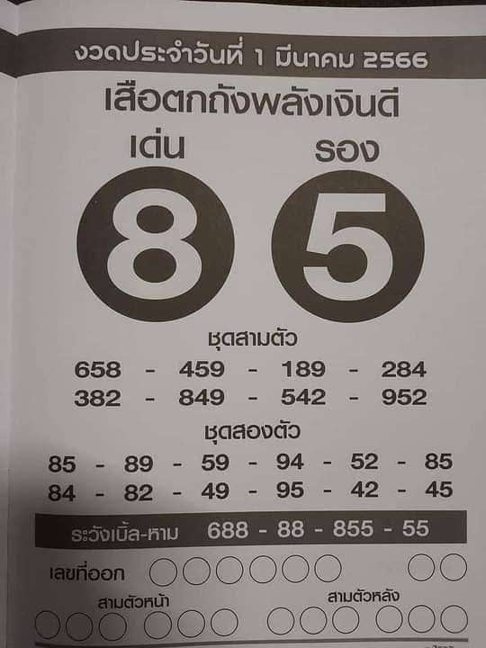 เลขเด็ดเสือตกถังพลังเงินดี 1/03/66