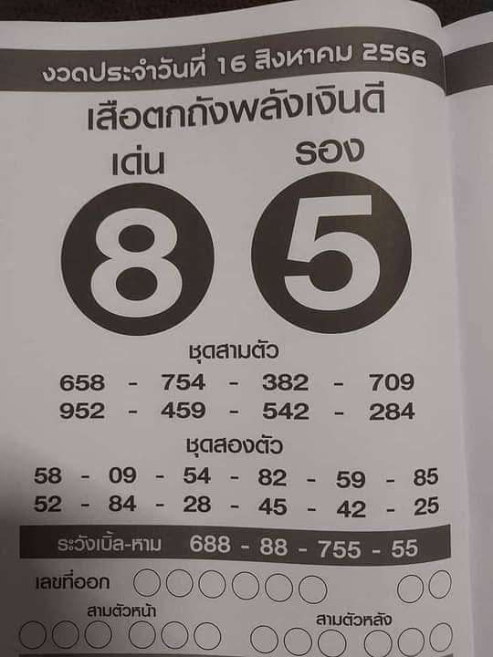 เลขเด็ดเสือตกถังพลังเงินดี 16/08/66